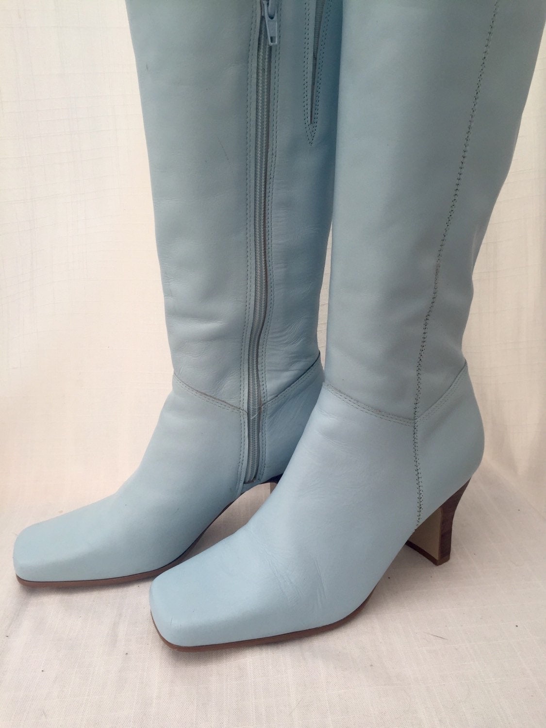 SALE FAITH Vintage Mid Heel Light Blue Leather Boots Size 38