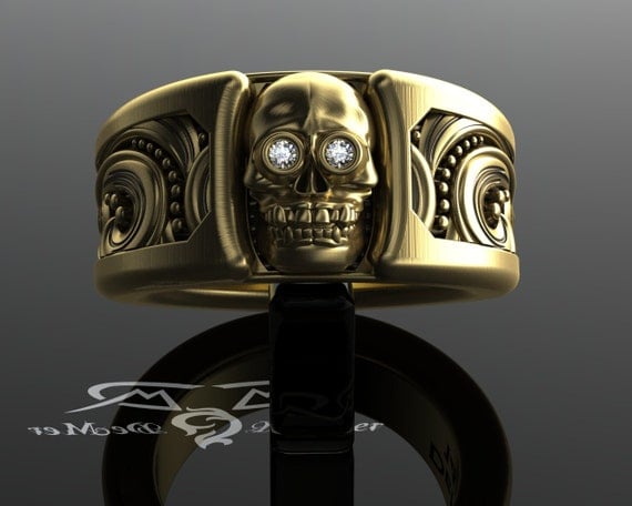 Skull wedding band. Wide solid 14kt gold and diamonds.