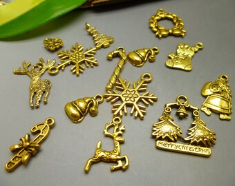 BULK - 20 Christmas charms Collection Mixed Charms Antique Tibetan Gold Charms - Assorted Designs - MC1113
