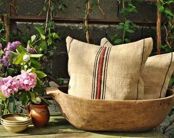 Authentic Grain Sack Pillow Cover / Antique linen / Black and Red Stripes / Handwoven fabric /Handmade Grainsack Pillow Sham