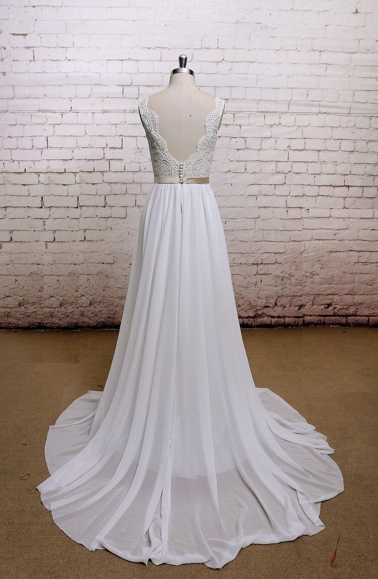 V-Back Wedding Dress with Chiffon Skirt A-line Style by