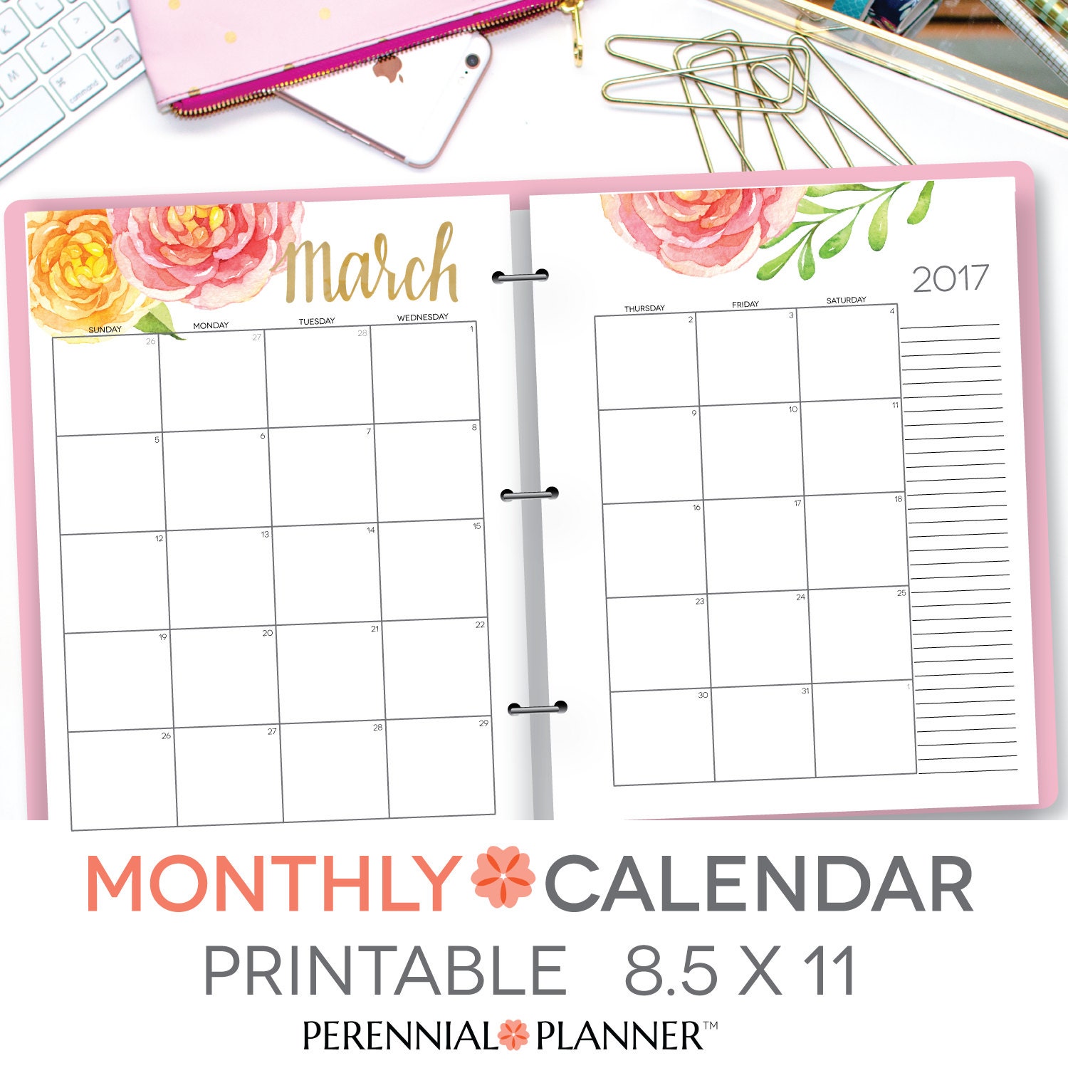 Printable Calendar 2018 Editable Digital Monthly Pages