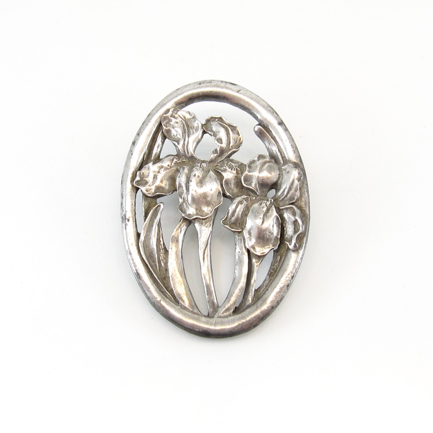 Vintage Pewter Flower Brooch Art Nouveau Style Iris Signed