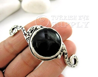 Onyx Black Jade Bracelet, Gemstone Curved Bar, Silver Bracelet Focal Connector, Antique Silver Plated Turkish Jewelry
