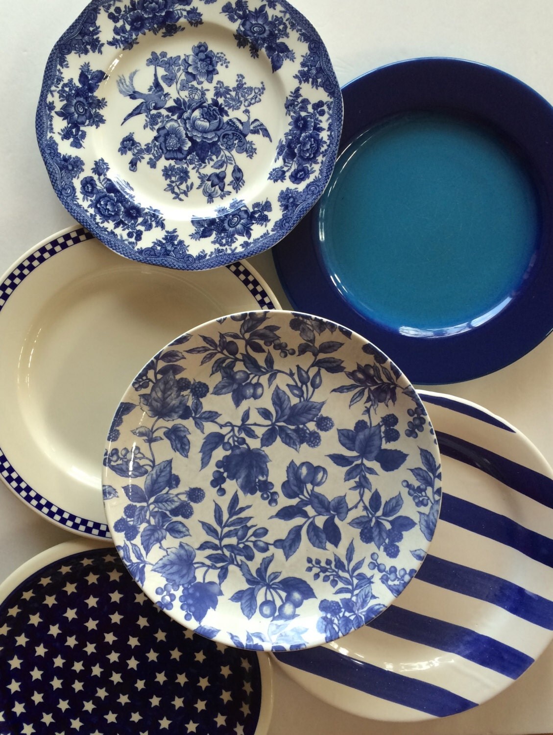 Blue White Dinner Plates Mismatched Stripe Floral Spatter