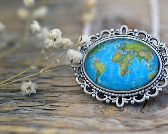 World Map Necklace, Old Map Necklace, Retro World Map, World Map, Map Necklace, Earth Map, Earth Necklace, Continents Map, Oceans Map
