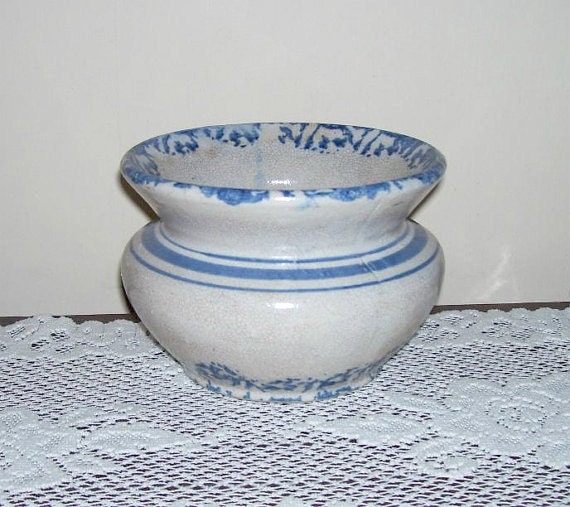 Antique Stoneware Spongeware Blue Band Cuspidor Bowl Spittoon
