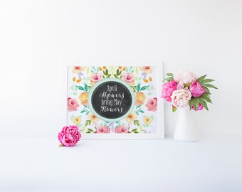 april showers bring may flowers printable · spring wall art print · spring florals printable · chalkboard art · easter print · spring decor