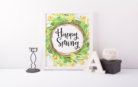 happy spring printable · watercolor tulip wreath print · spring wall decor · yellow tulips · spring art print · seasonal calligraphy print