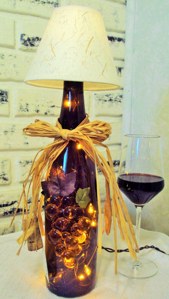 Warm brown lighted wine bottle lamp with shade by VintageLitesLLC