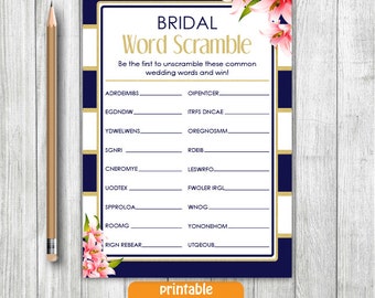 Printable Vintage Bridal Shower Game,Gold Navy Blue Vintage Bridal Game Word Scramble,Flower Bridal game,Word Scramble Bridal Shower Game