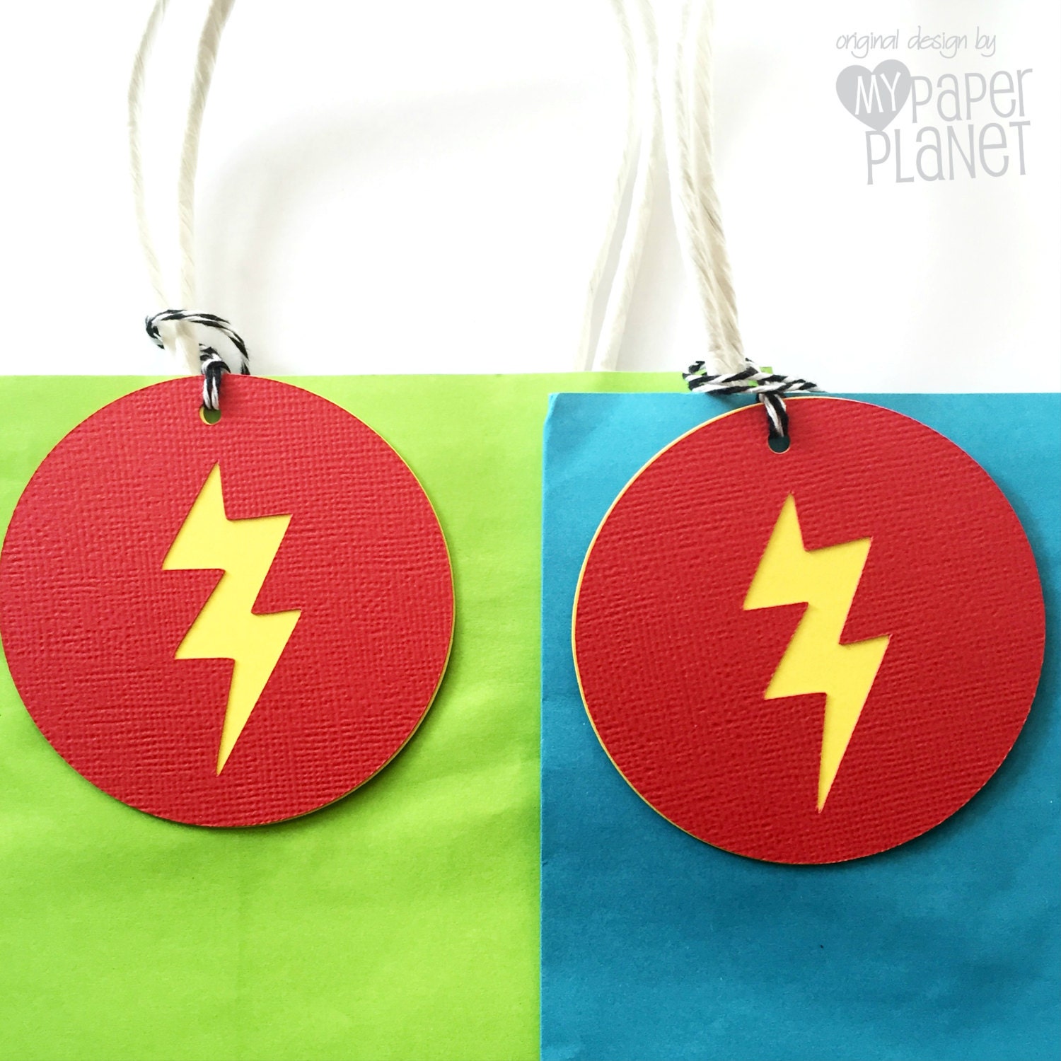 Lightning Bolt Gift Tags. Superhero party. Red and yellow.
