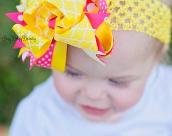 Girls pink and yellow hair bow headband clip lemonade bee sun summer