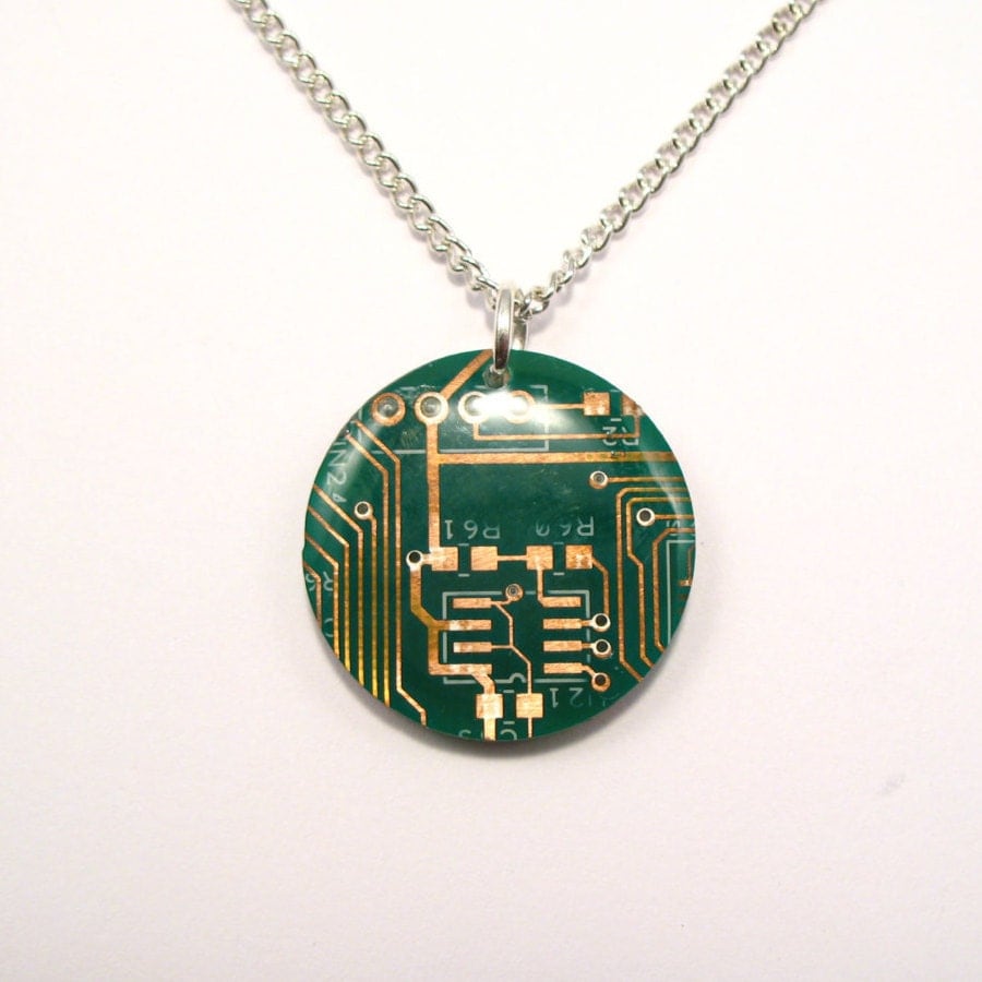 Circuit Board Necklace Green Round Pendant Recycled Jewelry