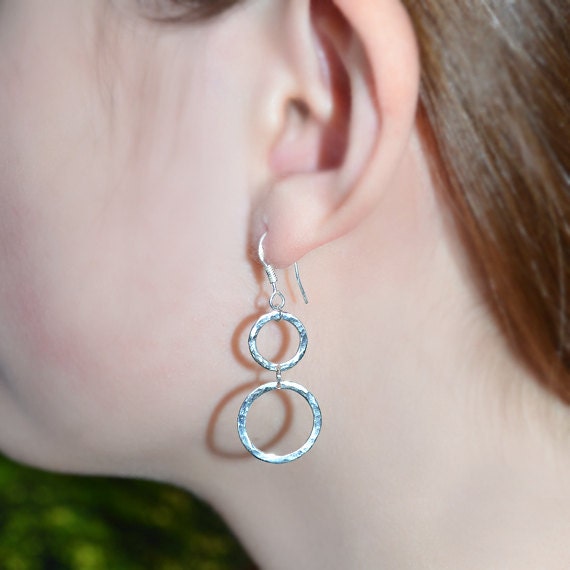 Sterling Silver Circles Dangle Earrings - Long Drop Earrings - Silver Hammered Dangling Earrings - Stud Drops
