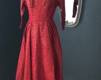 50er dress brocade jacquard red gold prom