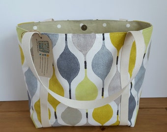 Canvas tote with pocket, Handmade lined fabric shoulder bag, Knitting Project Bag, Large canvas purse, Green and grey fabric handbag