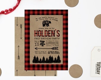 Lumberjack First Birthday Invitation - Bear Wild One First Birthday Invitation - Mountain First Birthday Invitation - Buffalo Plaid Invite