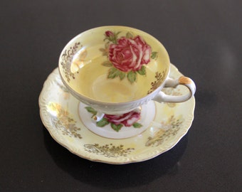 Royal Halsey Very Fine English China Teacup, Pink Roses, Gold Detail English Teacup, Fine English China Footed Pedestal Lusterware Teacup