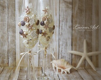 Beach Wedding Champagne Flutes Wedding Champagne Glasses Wedding Toasting Flutes