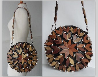 Unique 70s Wood Shoulderbag // Brown With Pearls // Plastic And Fabric Lined