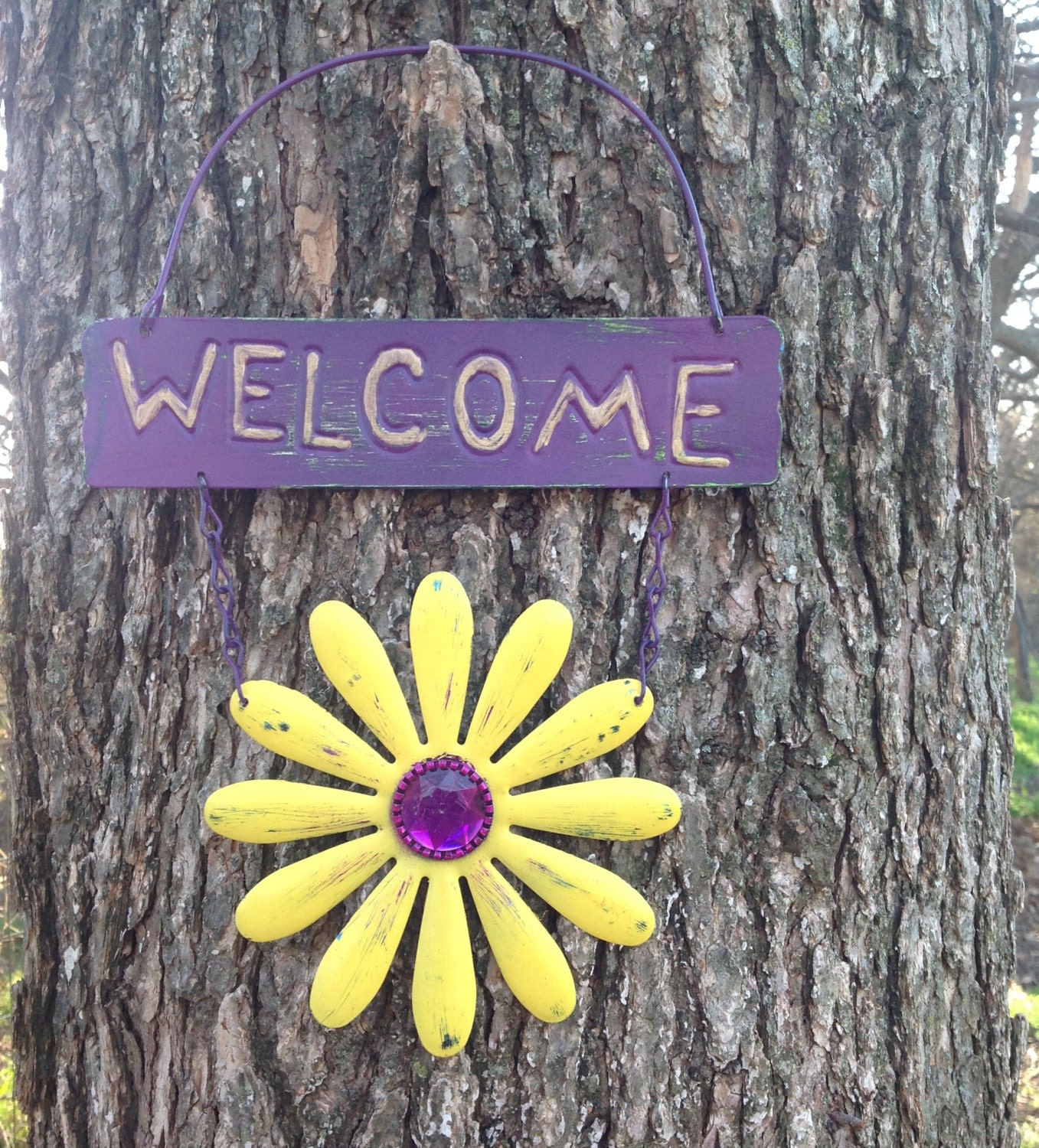 Whimsy Flower Sign Yellow & Purple Metal