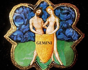 Gemini Twins Ornament, Handcrafted Wood, Astrology Signs, Twin Ornament, June Birthday, Book of Hours, Illuminated Mss, Christmas Gift