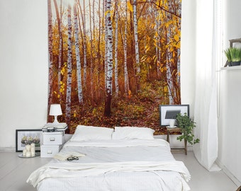 Birch Tapestry, Nature Wall Tapestry, Large Wall Art, Golden Forest, Landscape Photo, Wall Hanging, Tree Tapestry