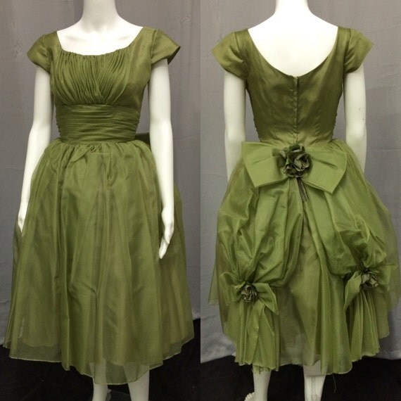 Vintage 1960's Peridot Green Evening Dress with Bustled