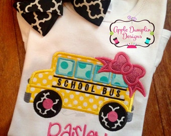 School Bus with Bow Applique Design, Machine Embroidery Design, Girl, Back to School, Preschool, Cute, Teacher, Girly, 4x4, 5x7, 6x10