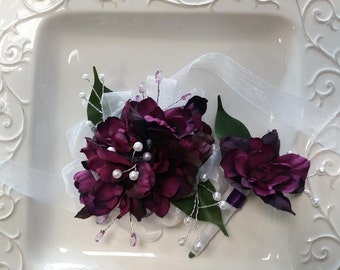 ON SALE Corsage and Boutonniere Set Dark Purple Wrist Corsage and Matching Boutonniere Prom Set Wedding Wrist Corsage