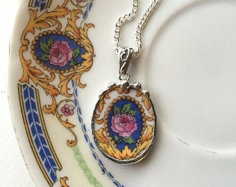 Broken China Jewelry pendant necklace antique fine bone china porcelain pink rose recycled china