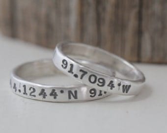 couples coordinate rings, long distance relationship ring, coordinate jewelry, gps jewelry, men women ring set, wanderlust, fine silver ring