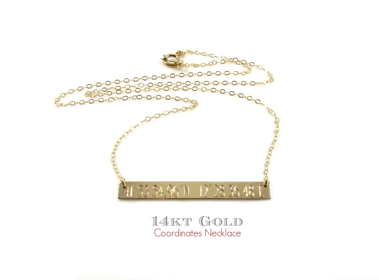 14K Solid Gold GPS COORDINATES Necklace Engraved Gold Bar