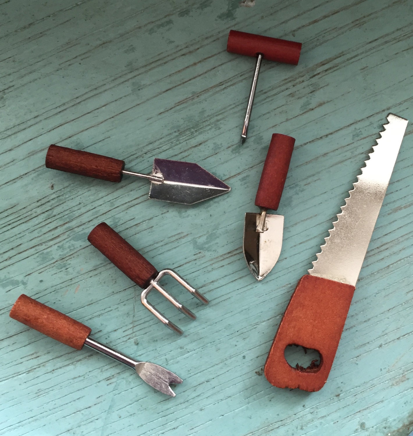 Miniature Garden Tools Wood Handles 6 Piece Set Home and