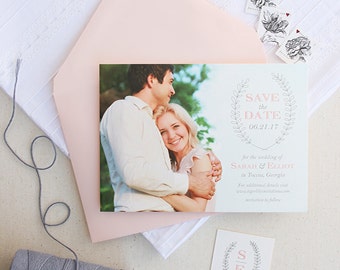 Photo Save the Date Cards in Gray and Blush with Laurel Wreath Design