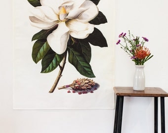 Vintage Botanical Print wall art / Magnolia Fabric Wall Art / Magnolia Grandiflora / linen fabric wall hanging/ White magnolia wall art/ art