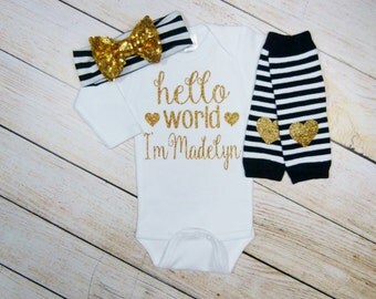 Personalized Baby Girl Gift, Hello World Newborn Outfit, Baby Girl Coming Home Outfit, Newborn Take Home Outfit, Newborn Leg Warmer Headband