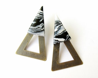 Ear Jackets Triangle Marble Brass Geometric Statement Front and Back Earrings FREE UK SHIPPING