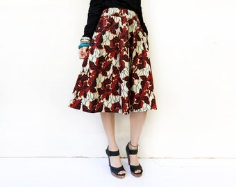 African Print Midi Skirt, Red Floral Skirt, Elegant Fashion, Leaf Print Skirt, Skirts for Women, Burgundy Skirt, Pocket Skirt / XS