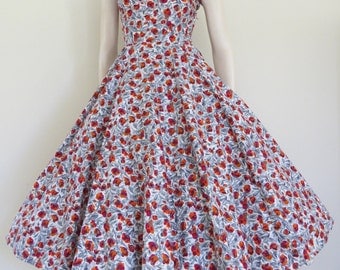 Gorgeous 50s Red Orange and Grey Floral Cotton Party Dress / Garden Party / Small