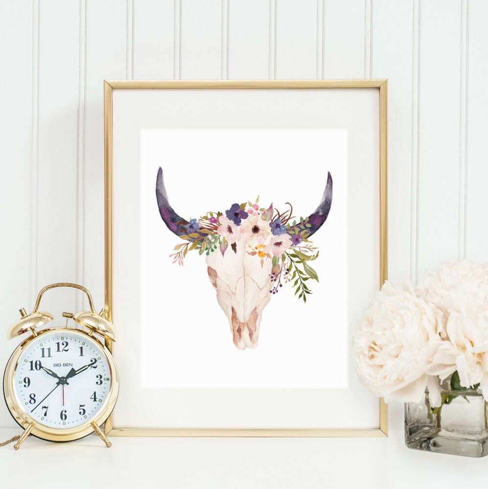 Bohemian Bull Head Printable Boho Nursery Wall Art Floral Bull