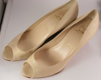 Christian Louboutin Shoes Leather Beige Canvas Wood Wedges Made in Italy 38.5