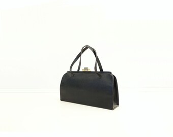 1960s Black Handbag Vintage Leather Bag Top Handle 60s Vintage Purse Large Black Handbag Vintage Cowhide Bag Black Frame Day Bag