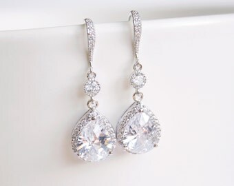 Bridal Earrings, Wedding Earrings, Cubic Zirconia Teardrop Earrings, Long Bridal Earrings, Bridesmaid Jewelry, Wedding Jewellery