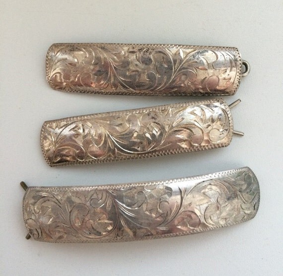 Sterling Silver Etched Hair Clips Barrettes Set by VintageForAges