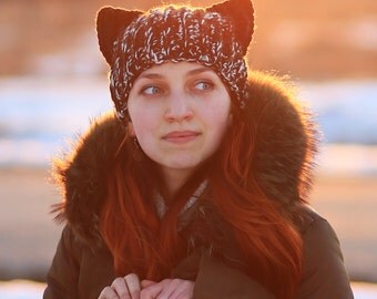Winter fox Hat with Black ears Knitting Handmade unisex adult Crochet beanie gift idea animal fashion chunky dog hat ear cat costume dog-fox
