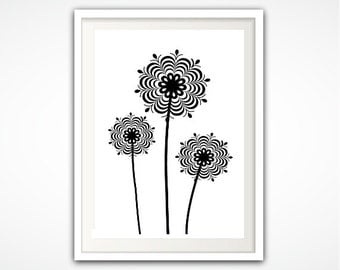 Dandelion Wall Art - Dandelion Print, Floral PRINTABLE, Flower Print, Dandelion Art, Black and White Print, Flower Poster, Gallery Wall Art