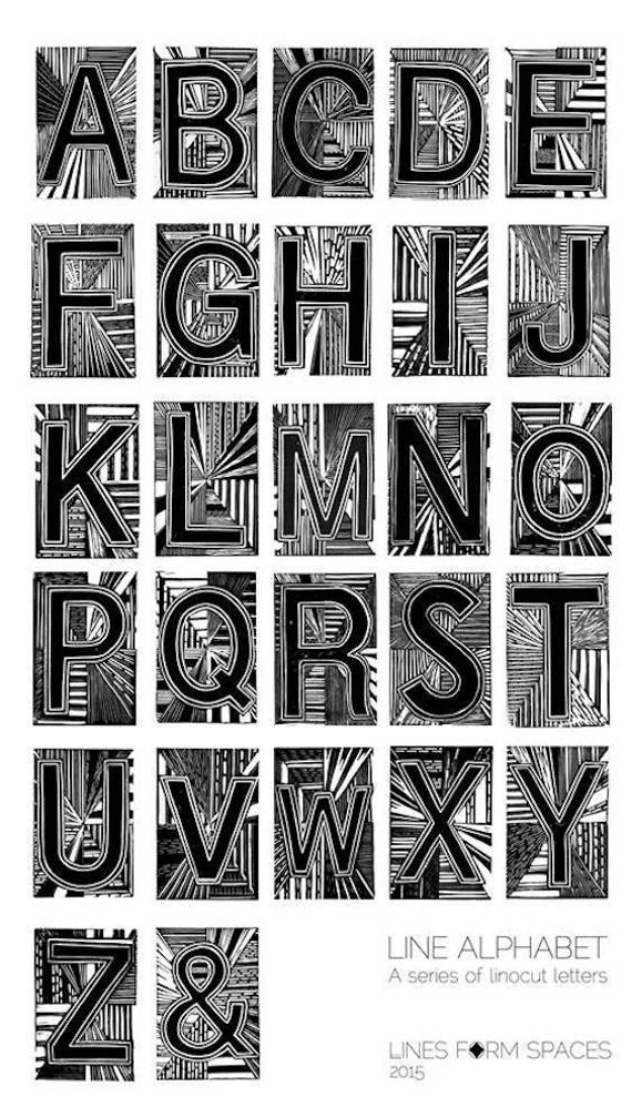 single letter monochrome alphabet lino print initials with