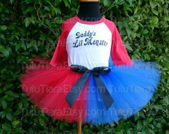 SALE Girls Harley Quinn Suicide Squad Tutu Costume Set Daddy's Lil Monster Red 3/4 Sleeved Raglan Shirt & Red and Blue 8" Economy Tutu Skirt